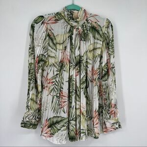 MOMO New York Pintuck Pleated Tropical Leaf Multi Long Sleeves Mockneck Blouse